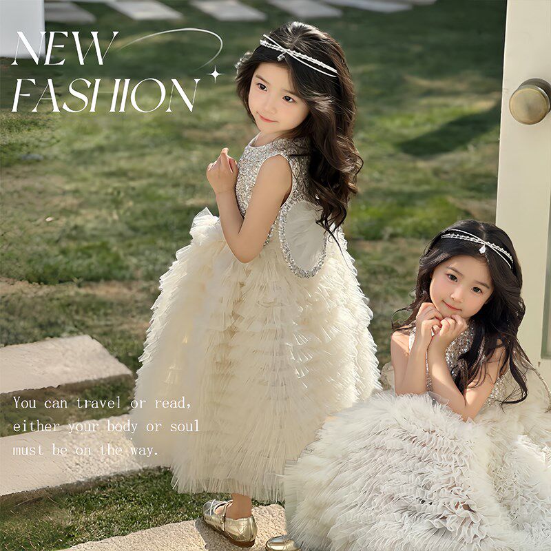 女童高端轻奢公主裙夏季2025新款小女孩亮片蛋糕裙儿童生日礼服裙