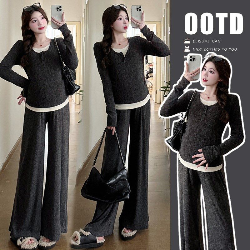 孕妇装2024新款夏装两件套时尚休闲上衣夏季早秋长袖显瘦长裤套装