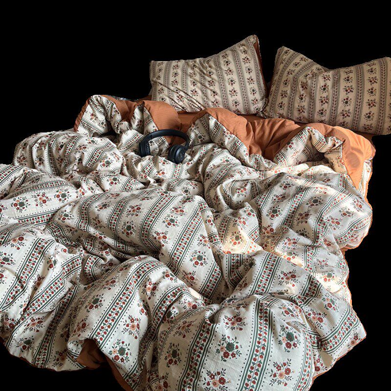 美式田园风小碎花水洗棉四件套少女心提花纯棉被套床单学生三件套