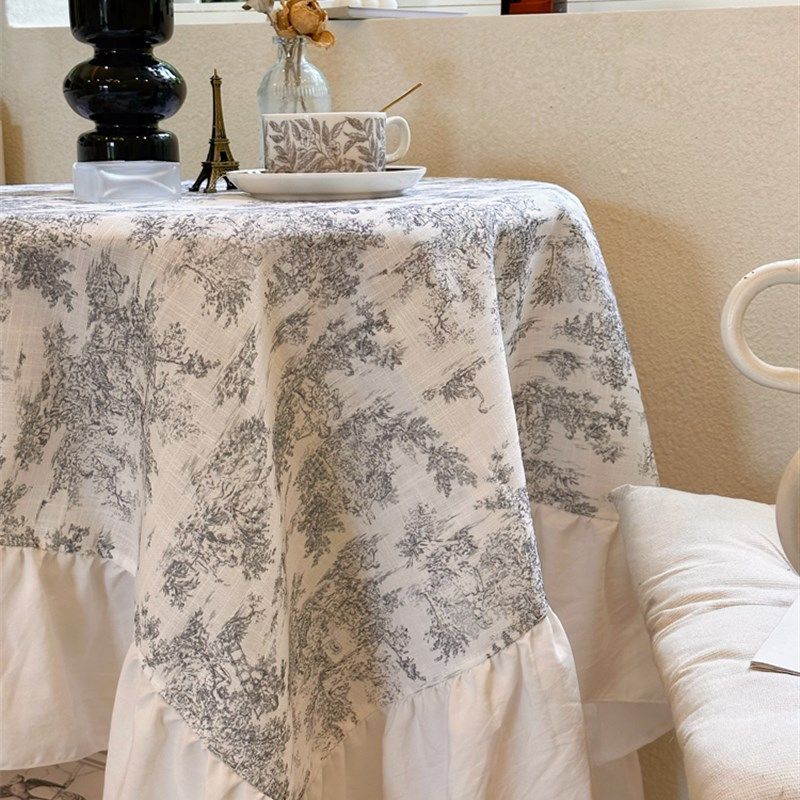 法式复古宫廷风棉麻印花荷叶边桌布美式田园风餐桌茶几布高级感