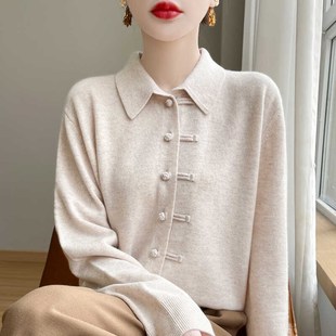 外套 毛衣女复古针织手工盘扣宽松羊毛衫 国风新中式 翻领纯羊绒开衫