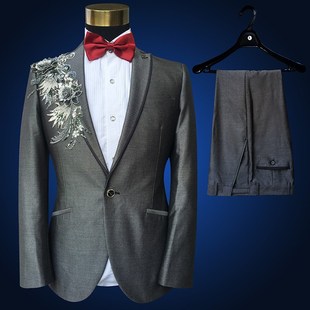西服男礼服西装套装修身灰色司仪舞台歌手年会主持人演唱婚礼演出
