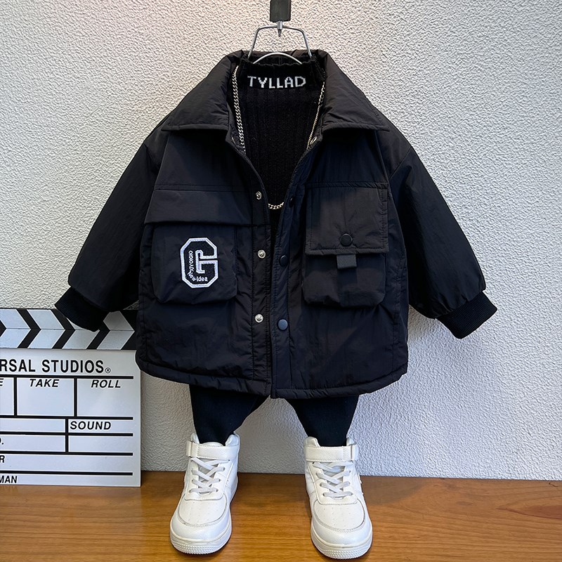 男童夹棉外套秋冬2024新款儿童加厚衬衫秋装宝宝男孩棉服二棉轻薄