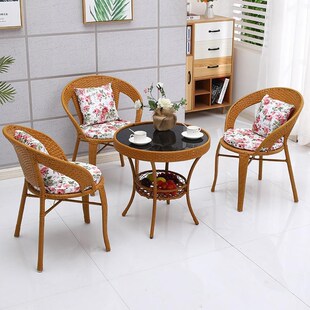 现代简约阳台小茶几钢化玻x璃小圆桌藤编玻璃茶几圆形休闲迷你