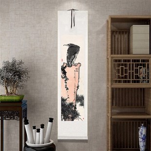 潘天寿凝视图老鹰卷轴字画客厅玄关装饰画办公室走廊过道花鸟挂画
