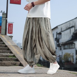 冰丝九分裤 子男夏季 大码 宽松哈伦裤 薄 新中式 束脚灯笼裤 复古扎染裤