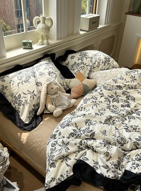 黑色复古花边田园碎花床上四件套全棉1.5m1.8被套床单三件套