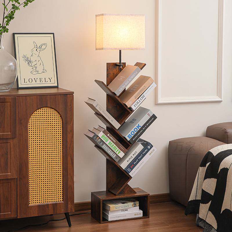 中古风落地灯客厅木质美式复古简约现代装饰书房置物架一体立式灯