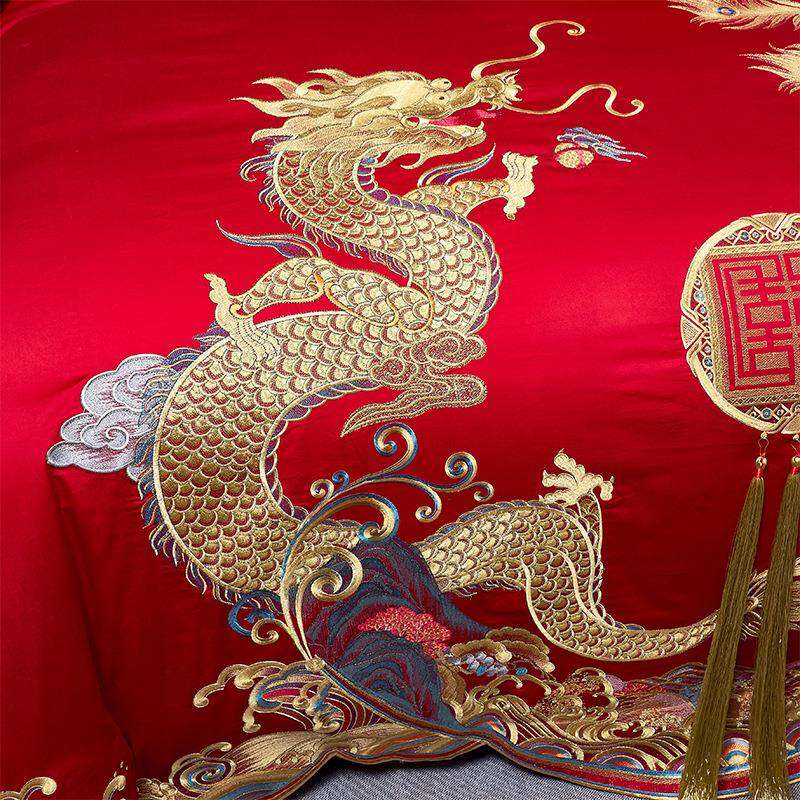 高端绒棉刺龙绣四件长套结婚陪嫁全棉被凤套tianmi纯棉床单婚庆床