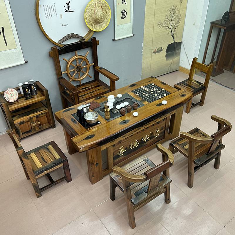 老船木实木茶桌椅组合家用中式古典茶几原木办公异行茶台客厅家具