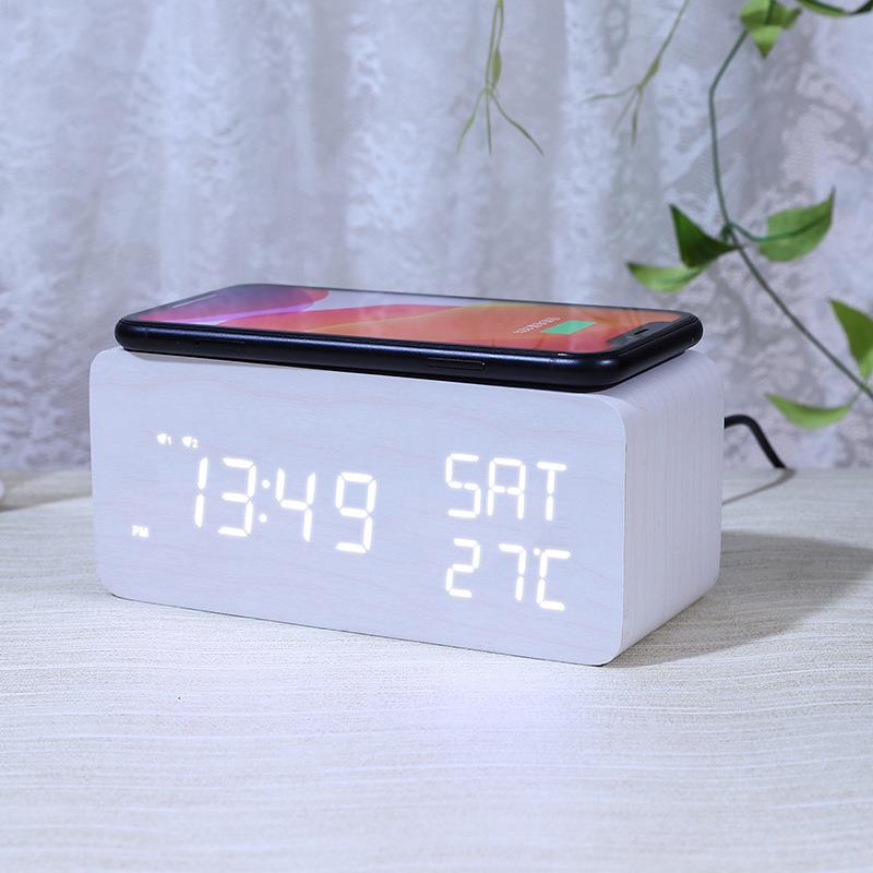 LD无E线充电子创意木质10钟无线充时钟led数字钟万年w历YC-9090-