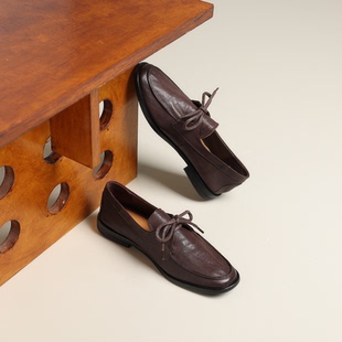 马皮乐福鞋平底系带懒人一脚蹬单鞋女士方头粗跟小皮鞋2025年秋冬