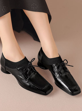 英伦风玛丽珍鞋女鞋黑色粗跟真皮系带交叉带小皮鞋深口小众单鞋