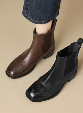 进口马皮布洛克短靴英伦风雕花低跟女靴子短筒切尔西靴冬季1928