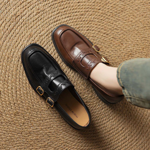 水洗马皮真皮女单鞋深口圆头粗跟乐福鞋套脚通勤小皮鞋女鞋1496