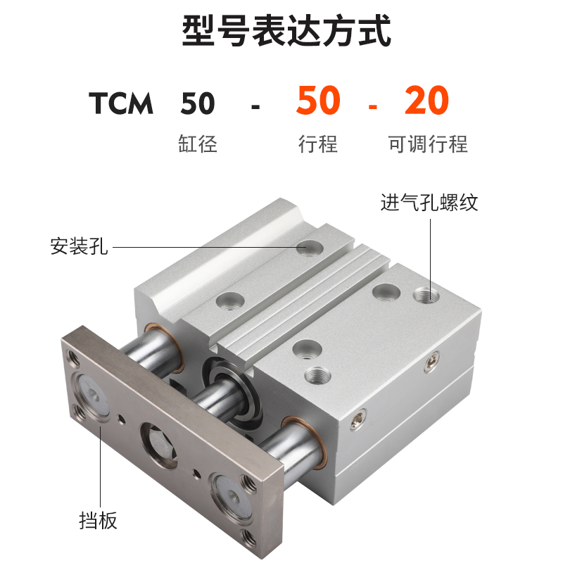 气动三杆三轴带导杆气缸TCM12/16/20/25/32/40/50/63-10-30-75 S