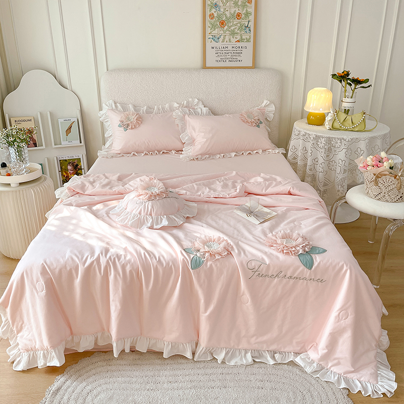 粉色立体花韩式空调被春秋被夏被四件套夏季可机洗全棉薄被子