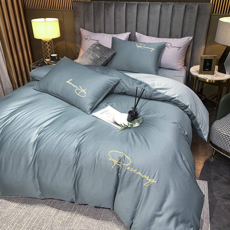 简约北欧风磨毛刺绣花单双人四件套纯色刺绣被套床单床品