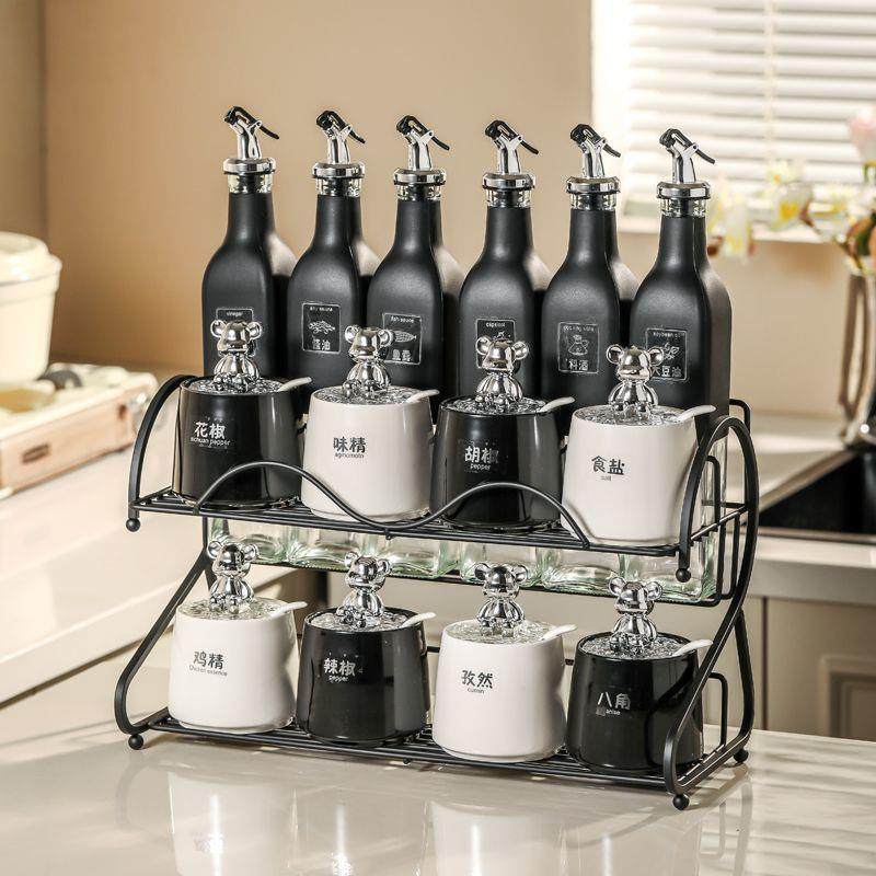 轻奢调味盒套装黑白灰家用厨房调味罐调料盒盐罐味精盒油瓶置物架