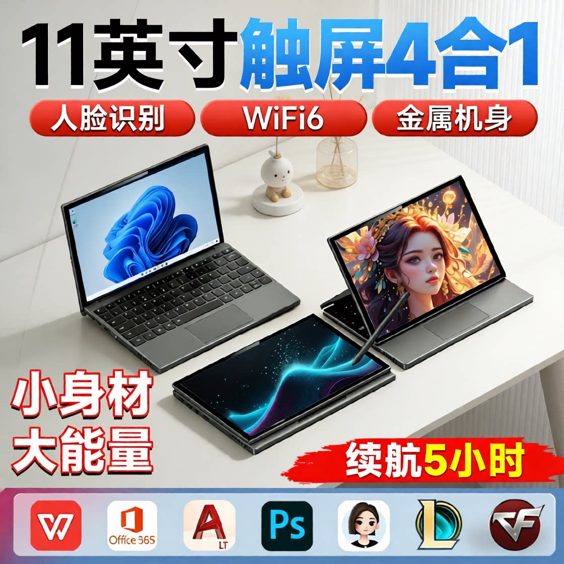 【12代酷睿i5触屏电脑】11英寸平板四合一笔记本电脑商务办公高配游戏本折叠小尺寸电脑轻薄本大学生设计手提