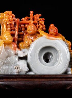 福建寿山石俏色巧雕财源滚滚摆件创意摆设家居客厅装饰原石工艺品