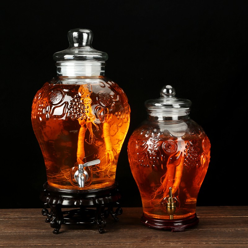 包邮泡酒酿e酒玻璃瓶带龙头10斤20斤雕花泡酒坛密封罐透明酒瓶家