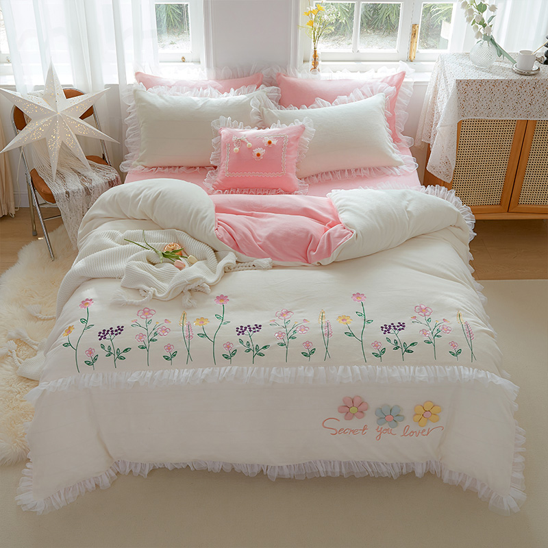 少女新款牛奶绒四件套冬季t双面绒冬天珊瑚绒公主风绒面被套法兰