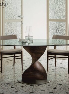 言乐居Porada-Elika圆桌玻璃餐桌家用现代简约风格胡桃木艺术饭桌