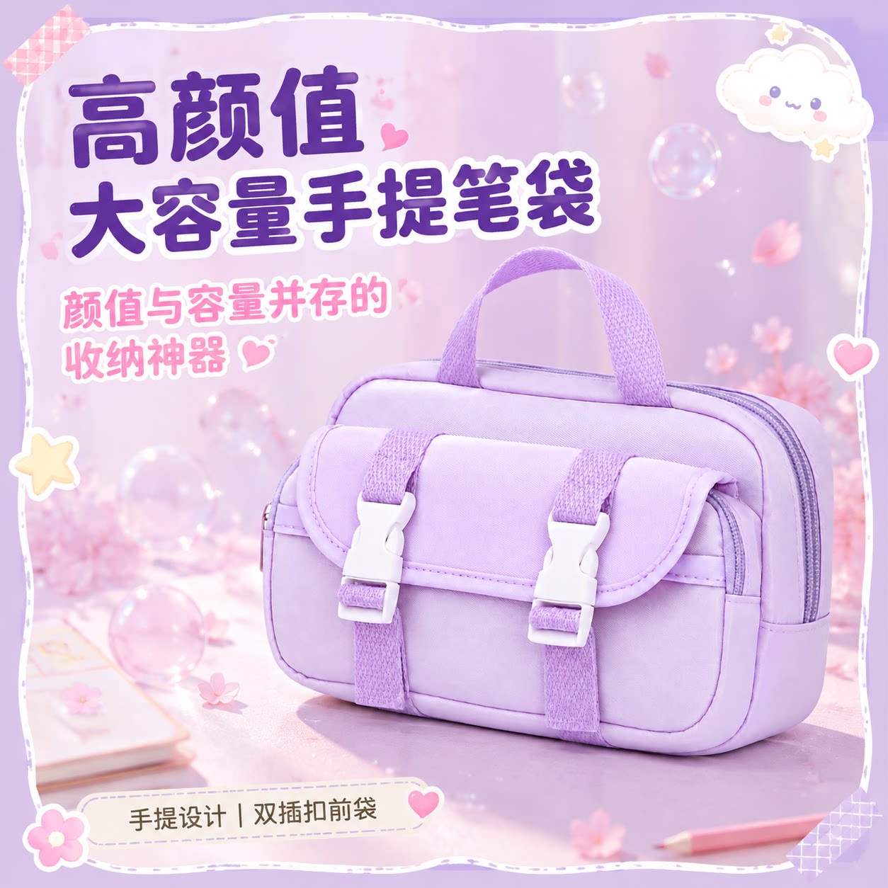 新款双扣多功能阶梯笔袋米白格纹吐司造型手提包ins风收纳文具盒