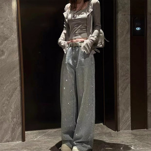 星落如雨满钻爆闪阔腿牛仔裤女大尺码春季新款高腰宽松显瘦百搭长