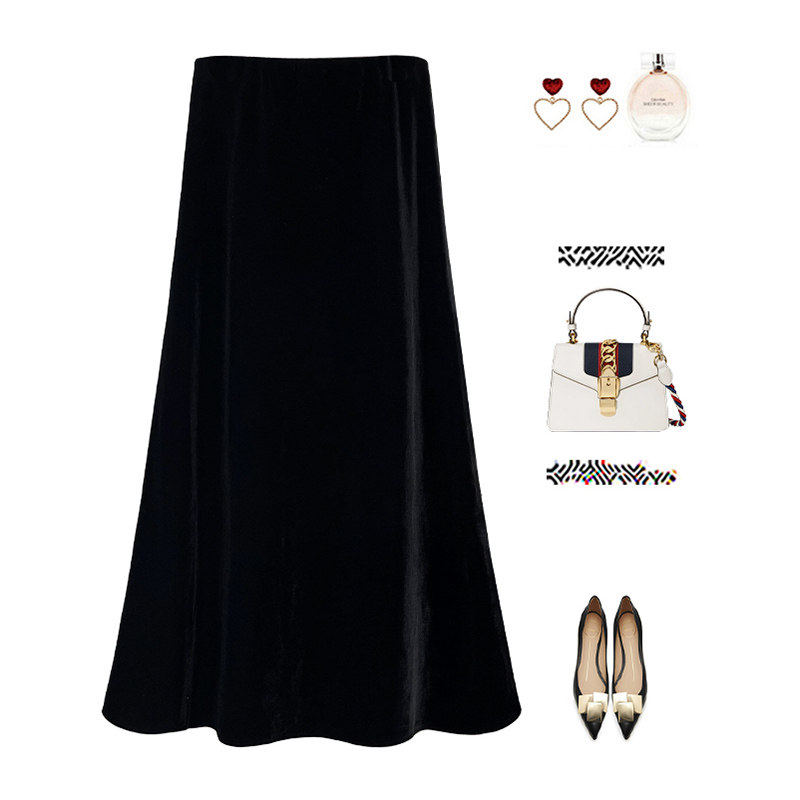 黑色金丝绒半身长裙加绒加厚A字裙女秋冬新款大摆裙显瘦中长款