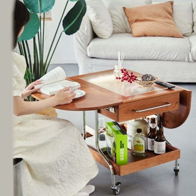 Pilot可移动折叠茶几北欧实木小户型客厅樱桃木餐车沙发边几推车