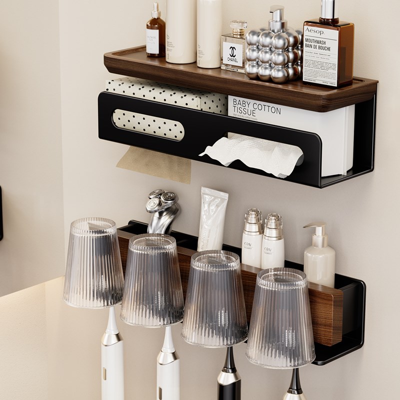 胡桃木卫生间浴室置物架免打孔洗漱台镜前壁N挂收纳纸巾盒牙刷架