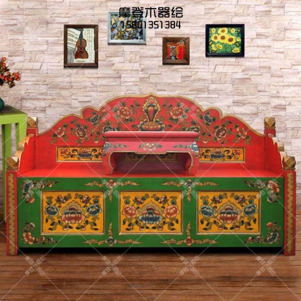 实木罗汉床藏式彩绘沙发床法座床榻现代中式仿古家具新古典家具