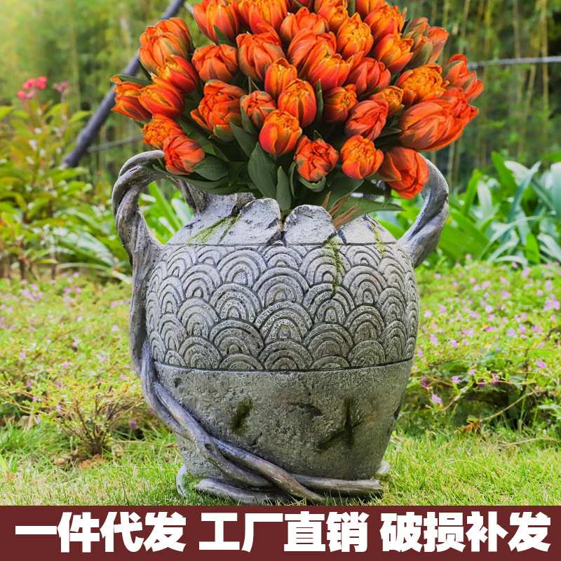 跨境创意花盆花瓶摆件欧式复古田园户外家庭园林花园装饰花盆摆件