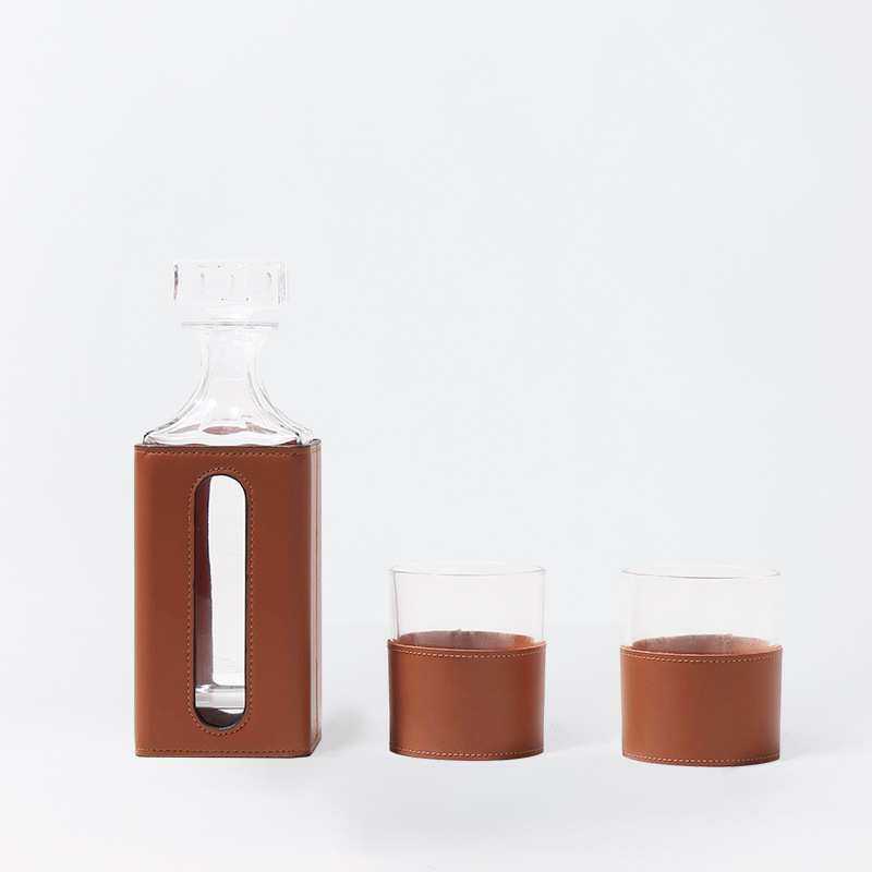 现代橙色皮革玻璃酒具套装客厅飘窗醒酒器装饰摆件餐桌茶几柜摆设