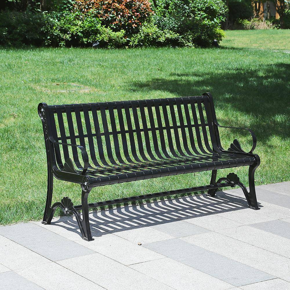 公园椅户外靠背长椅花园休闲铁艺小区庭院铸铁脚室外双人座椅黑色