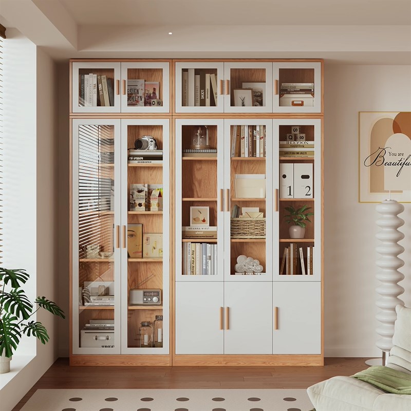 定制柜子实木橡木玻璃门r书架客厅满墙书柜落地置物架展示柜收纳