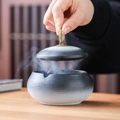 粗陶烟灰缸带盖简约陶瓷中式 烟缸家用办公室客厅酒店防飞灰防灰尘