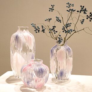 粉蓝色波点网红花瓶条纹透明玻璃艺术水培大肚插花器餐桌装 饰摆件