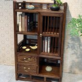 榆木新中式 实木置物架家用靠墙仿古博古架胡桃木色隔断展示多宝阁