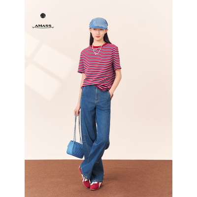 阿玛施显瘦条纹短袖T恤女