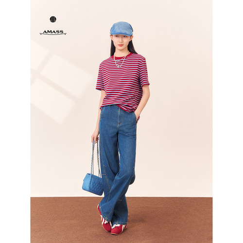 阿玛施显瘦条纹短袖T恤女
