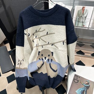 套头可爱卡通针织衫 胖mm宽松圆领长袖 女休闲服毛衣 女装 胡子叔大码