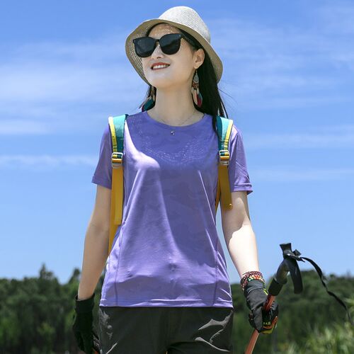 运动t恤女户外跑步速干短袖透气微弹健身服轻薄吸汗圆Z领快干上衣