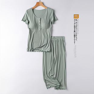 七分裤 哺乳期套装 短袖 薄款 两件套产后月子睡衣前开扣喂奶衣服 夏季