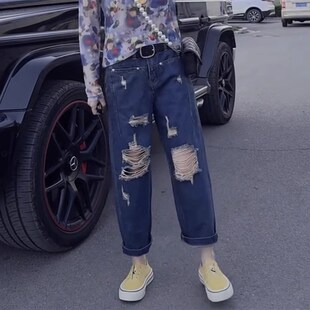 新款 直筒无弹宽松破洞老爹裤 高腰显瘦百搭哈伦牛仔裤 女装 大码 夏季