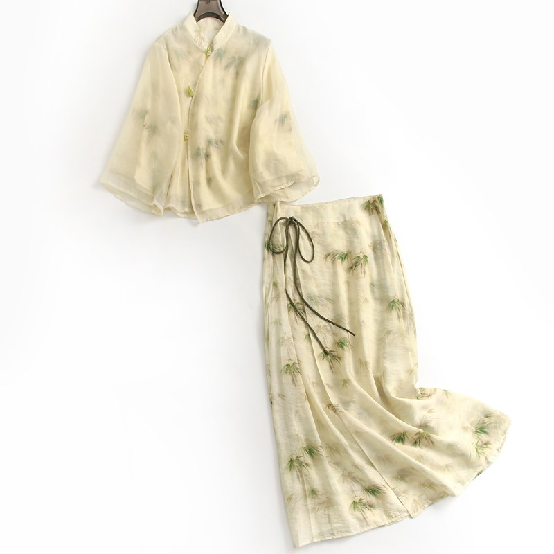 仙气优雅禅意女装改良旗袍夏季新款七分袖上衣新中式国风套装D394