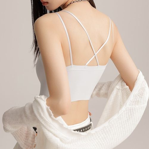 交叉肩带美背冰丝吊带背心女夏季外穿带胸垫显瘦无痕打底上衣薄款