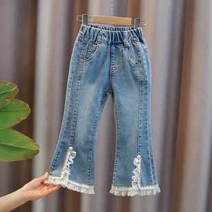 中小童洋气可爱蕾丝花边单裤 女童牛仔裤 微喇叭裤 儿童韩版 2024春装